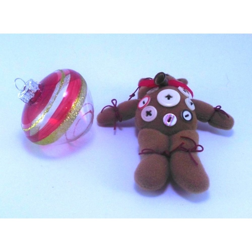 Lot of 2 Christmas Ornaments Reproduction WWII Glass Ornament & Handmade Button
